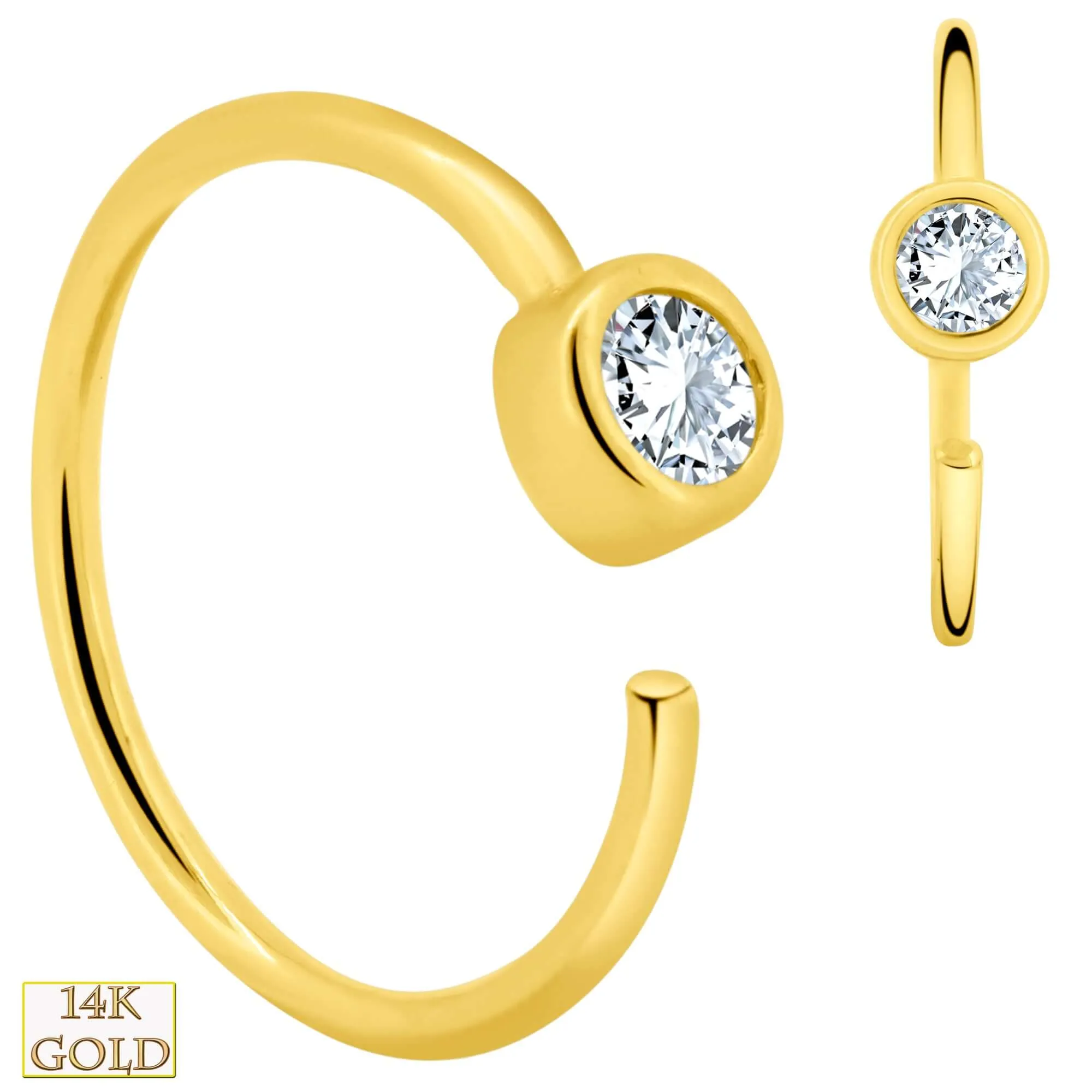 14k Solid Gold Bezel Setting Zircon Hoops Piercing Twist top Open