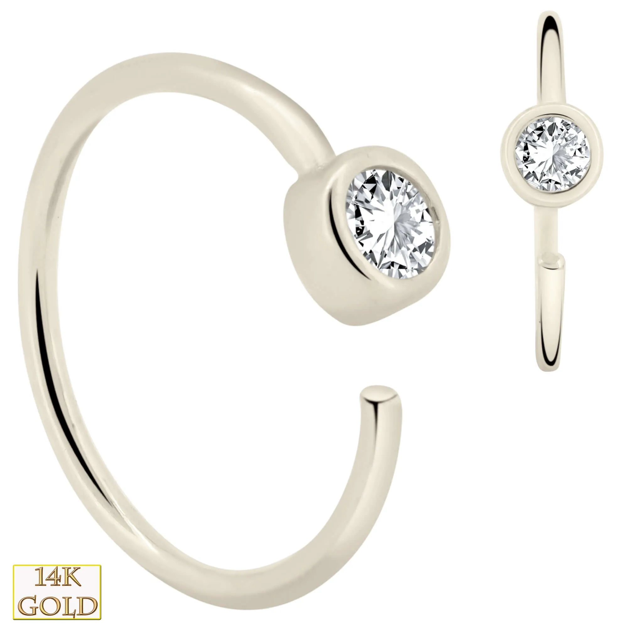 14k Solid Gold Bezel Setting Zircon Hoops Piercing Twist top Open