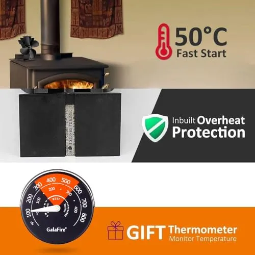 17% Fuel Cost Saving Original Top Heat Powered Eco Stove Fan 4 Blade Aluminum Black for Gas Coal Pellet Log Wood Burner Fireplace Oven Heater Fire Burning