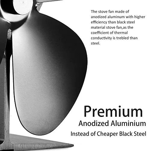 17% Fuel Cost Saving Original Top Heat Powered Eco Stove Fan 4 Blade Aluminum Black for Gas Coal Pellet Log Wood Burner Fireplace Oven Heater Fire Burning
