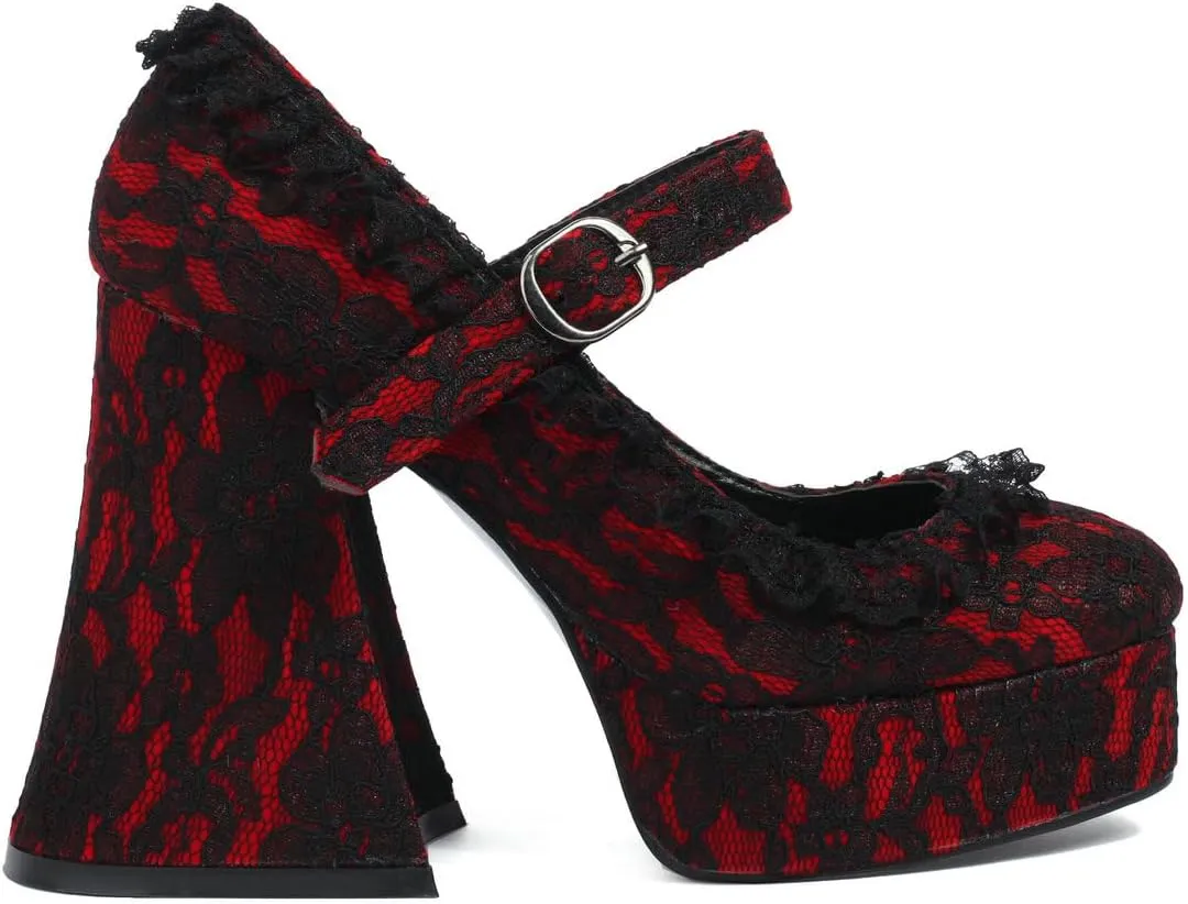 KOKOMOMO Womens Lace Flower Heels Goth Platform Shoes Chunky High Heel Mary Janes Gothic Shoe