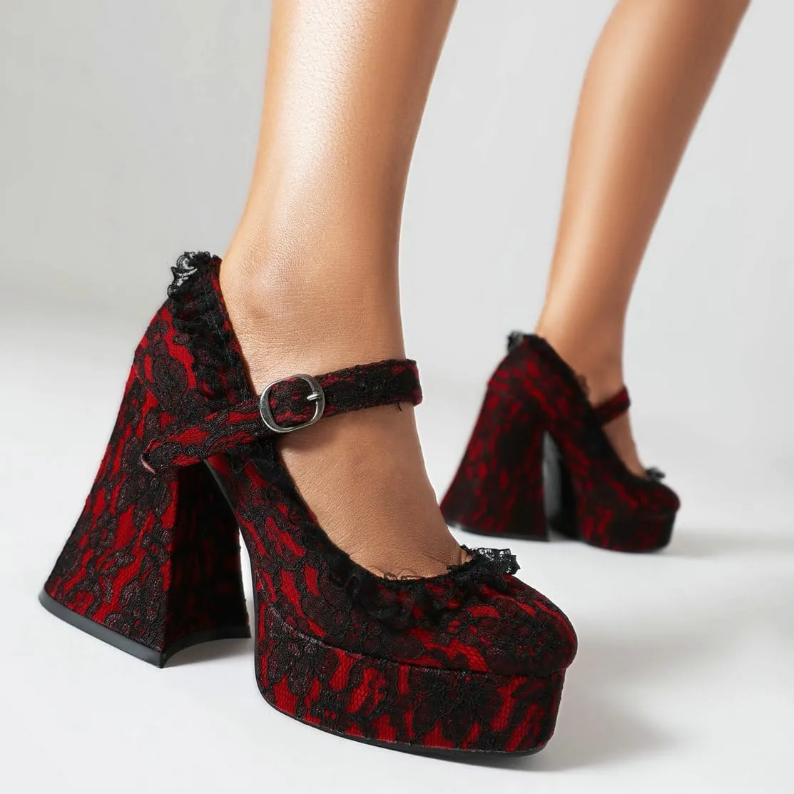 KOKOMOMO Womens Lace Flower Heels Goth Platform Shoes Chunky High Heel Mary Janes Gothic Shoe