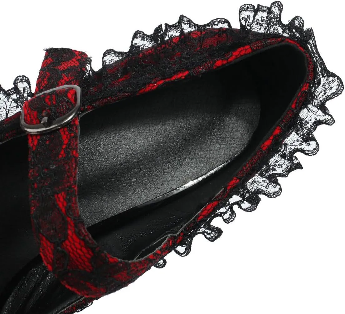 KOKOMOMO Womens Lace Flower Heels Goth Platform Shoes Chunky High Heel Mary Janes Gothic Shoe