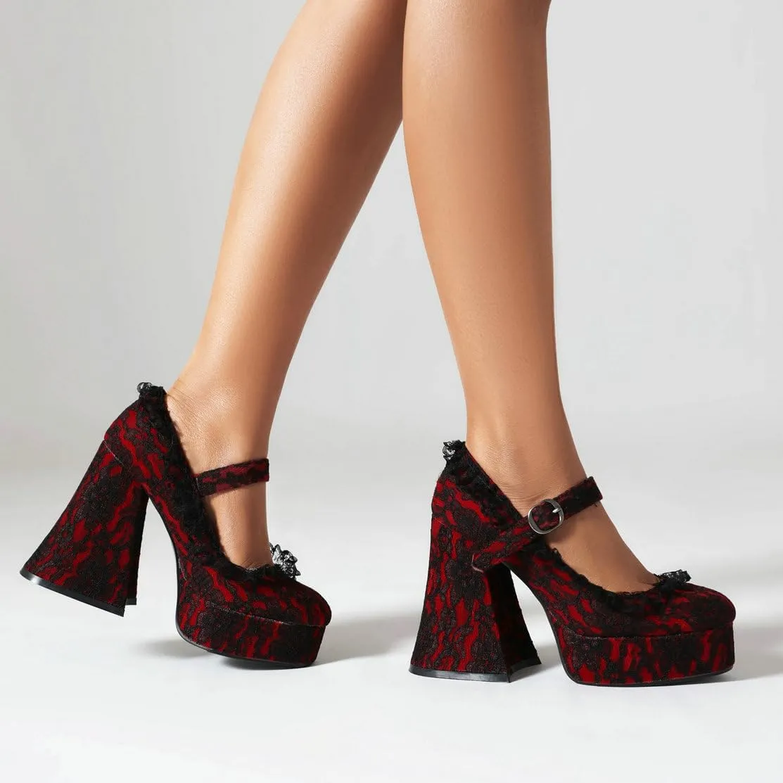 KOKOMOMO Womens Lace Flower Heels Goth Platform Shoes Chunky High Heel Mary Janes Gothic Shoe