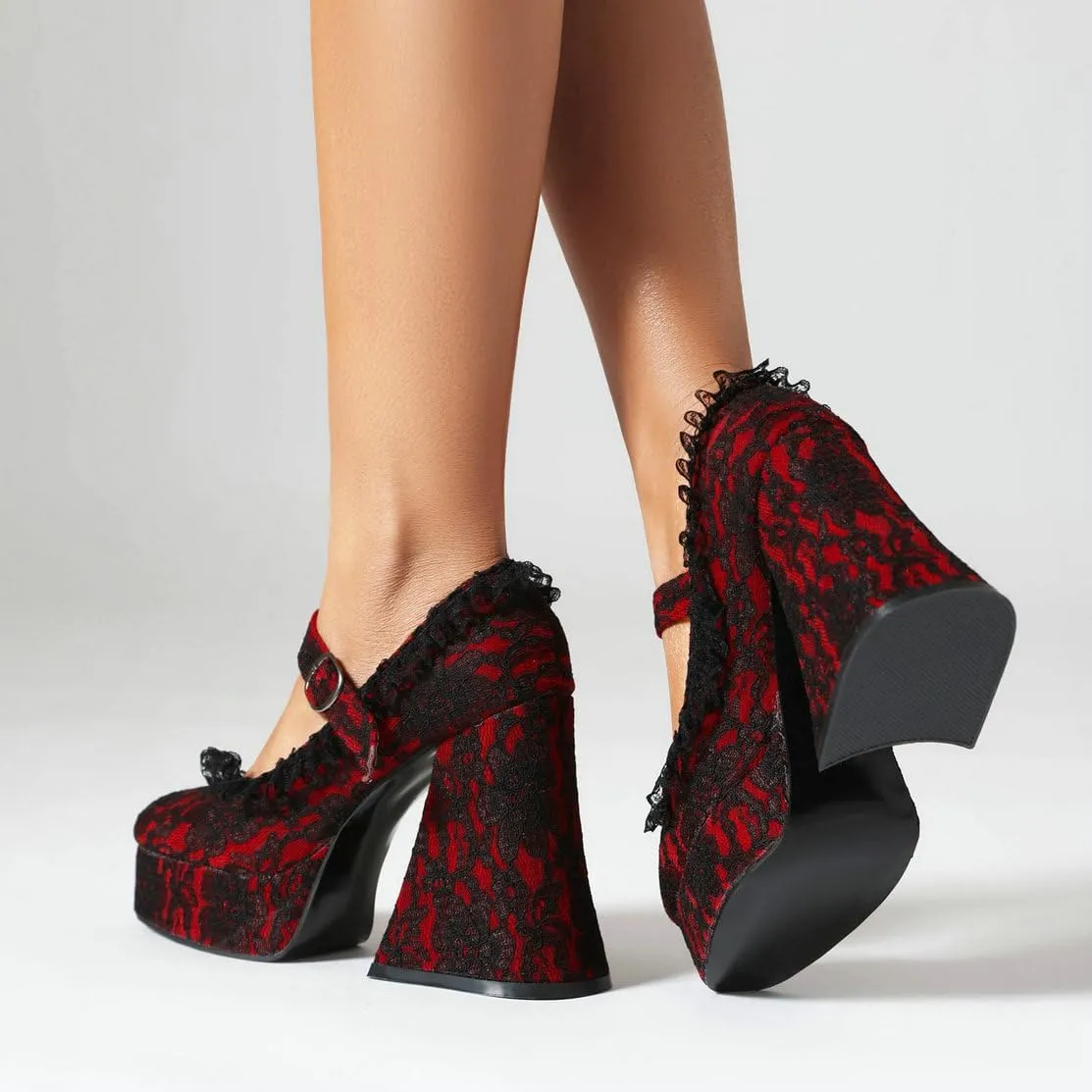 KOKOMOMO Womens Lace Flower Heels Goth Platform Shoes Chunky High Heel Mary Janes Gothic Shoe