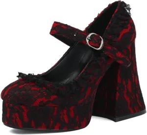 KOKOMOMO Womens Lace Flower Heels Goth Platform Shoes Chunky High Heel Mary Janes Gothic Shoe